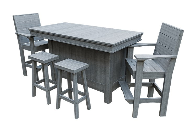 Amish Coastal Modern Patio Bar Set: Bar, 2 Bar Chairs & 2 Barstools in Driftwood Gray
