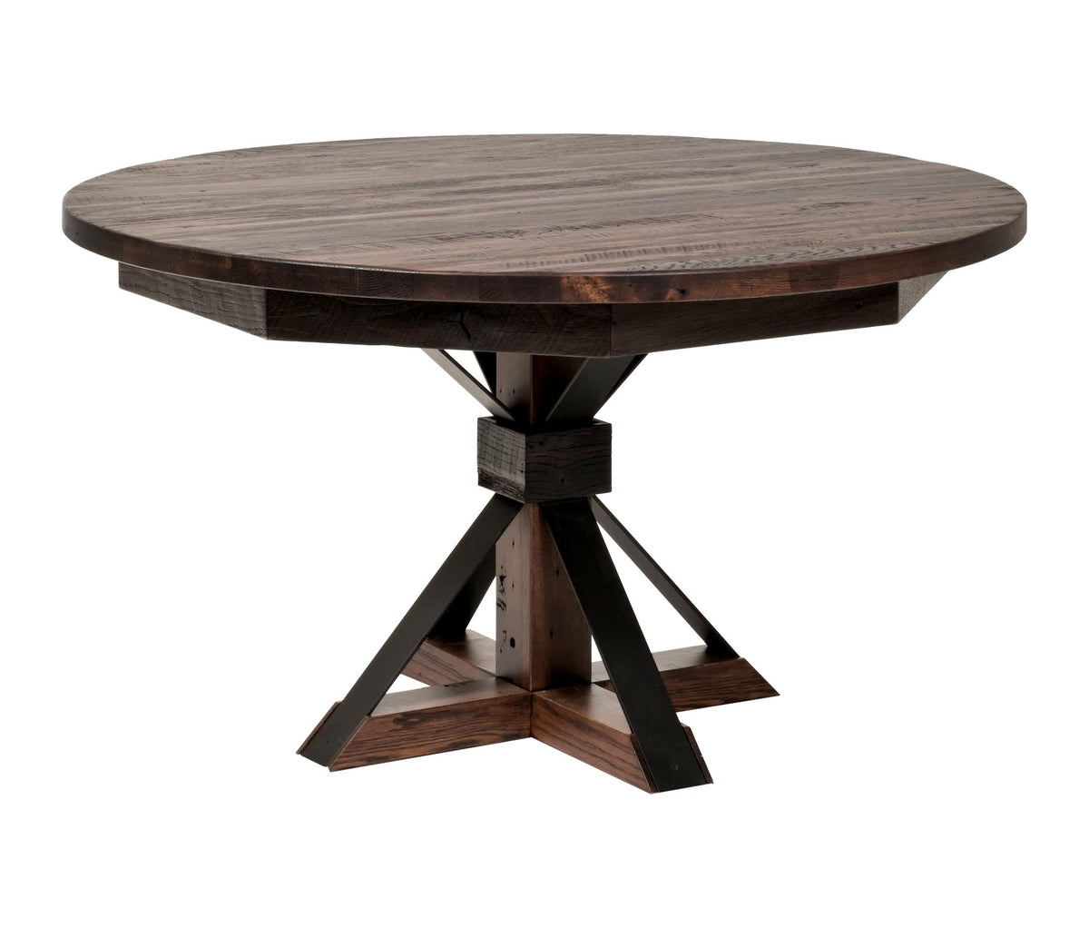 A round wooden dining table with a dark brown wood top and a black metal X-shaped pedestal base, shown on a plain white background.
