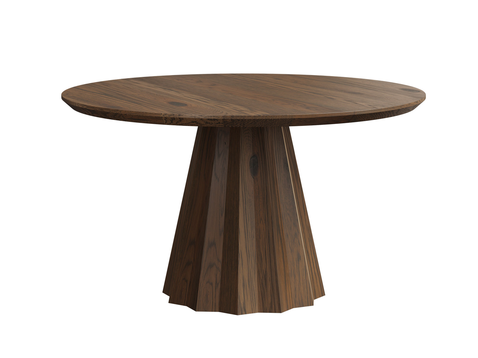 Wooden round table with a fluted base on a white background