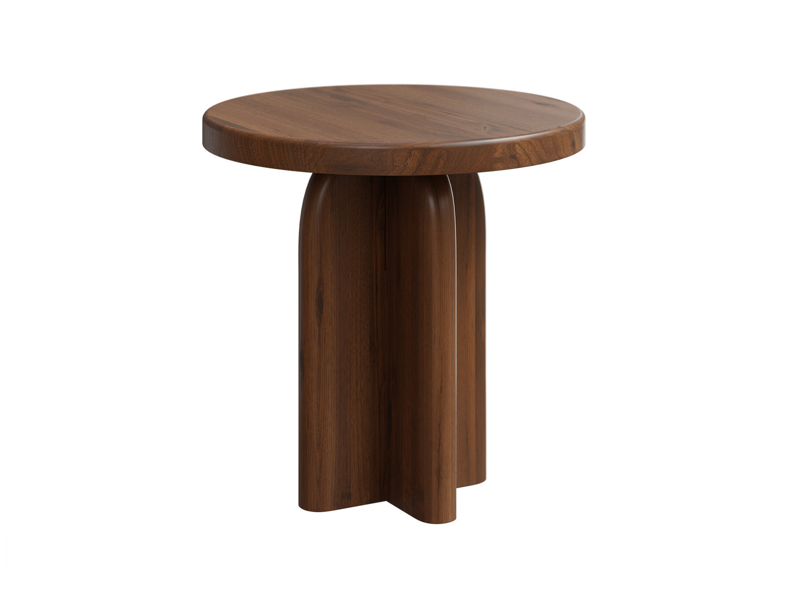A round wooden side table with a medium brown finish and a sculptural, flared pedestal base, shown on a solid white background.