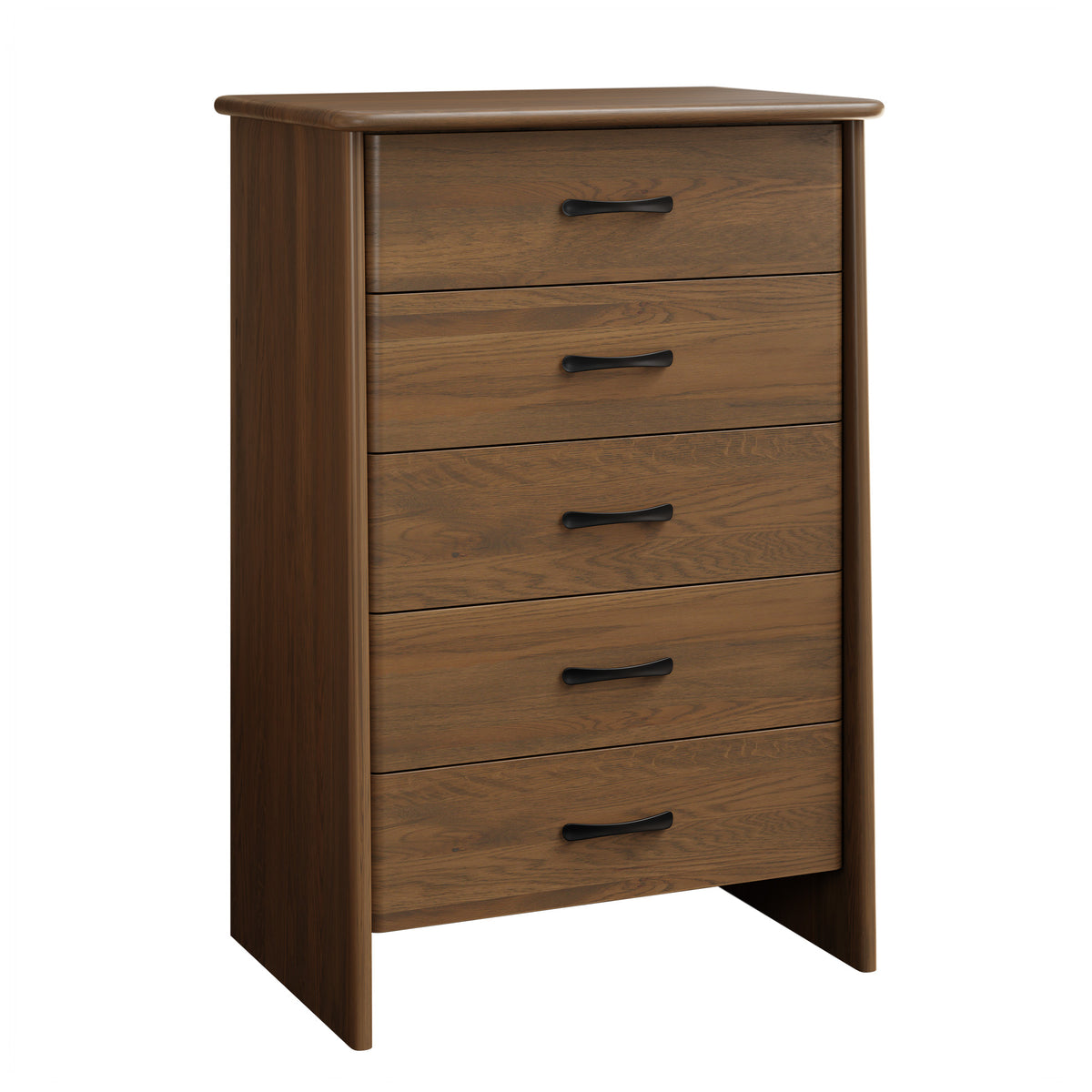 A five-drawer wooden chest of drawers with a medium brown finish and black metal handles, shown on a plain white background.