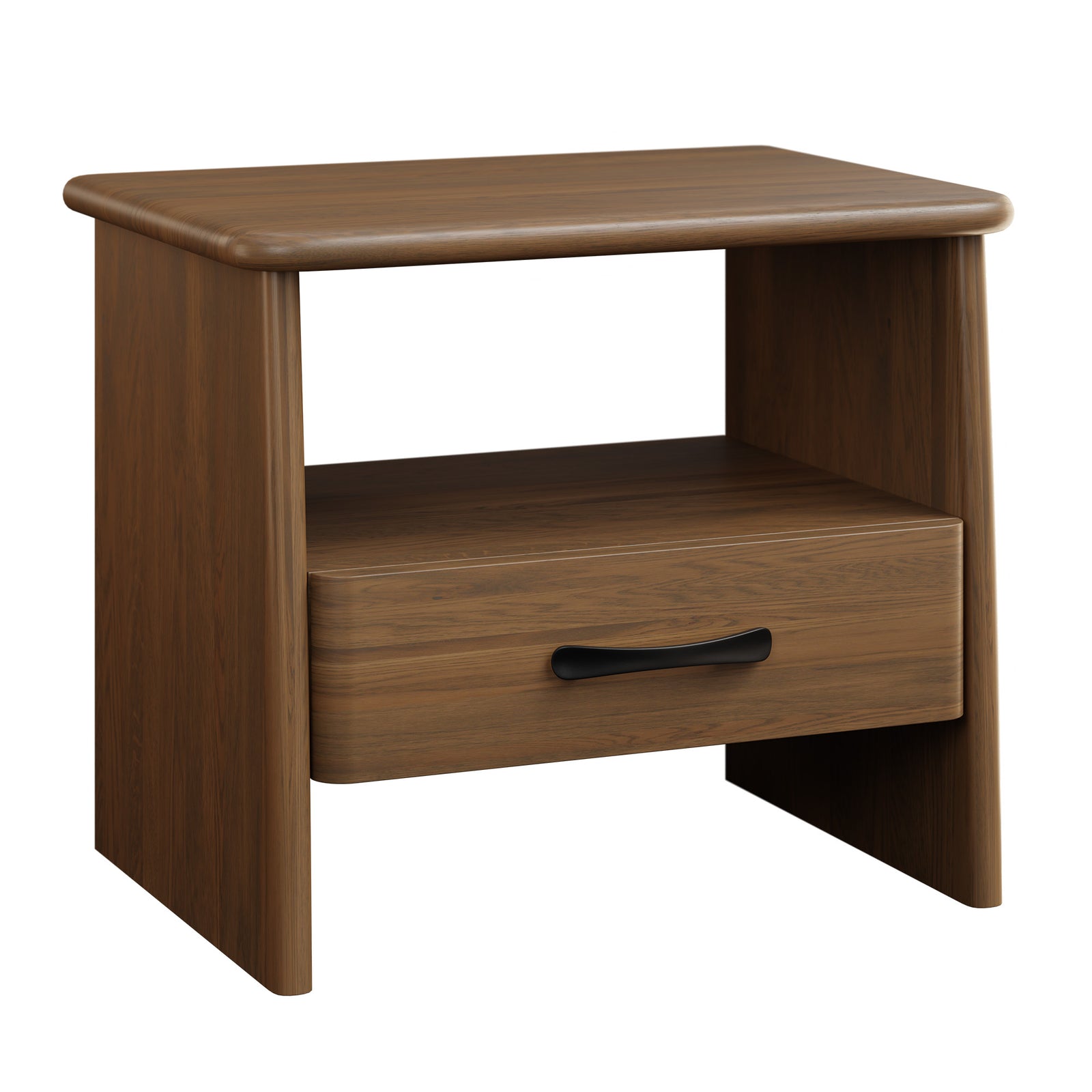 Straight-front nightstand with one drawer, black curved bar pull, open display shelf and flat panel sides on a white background
