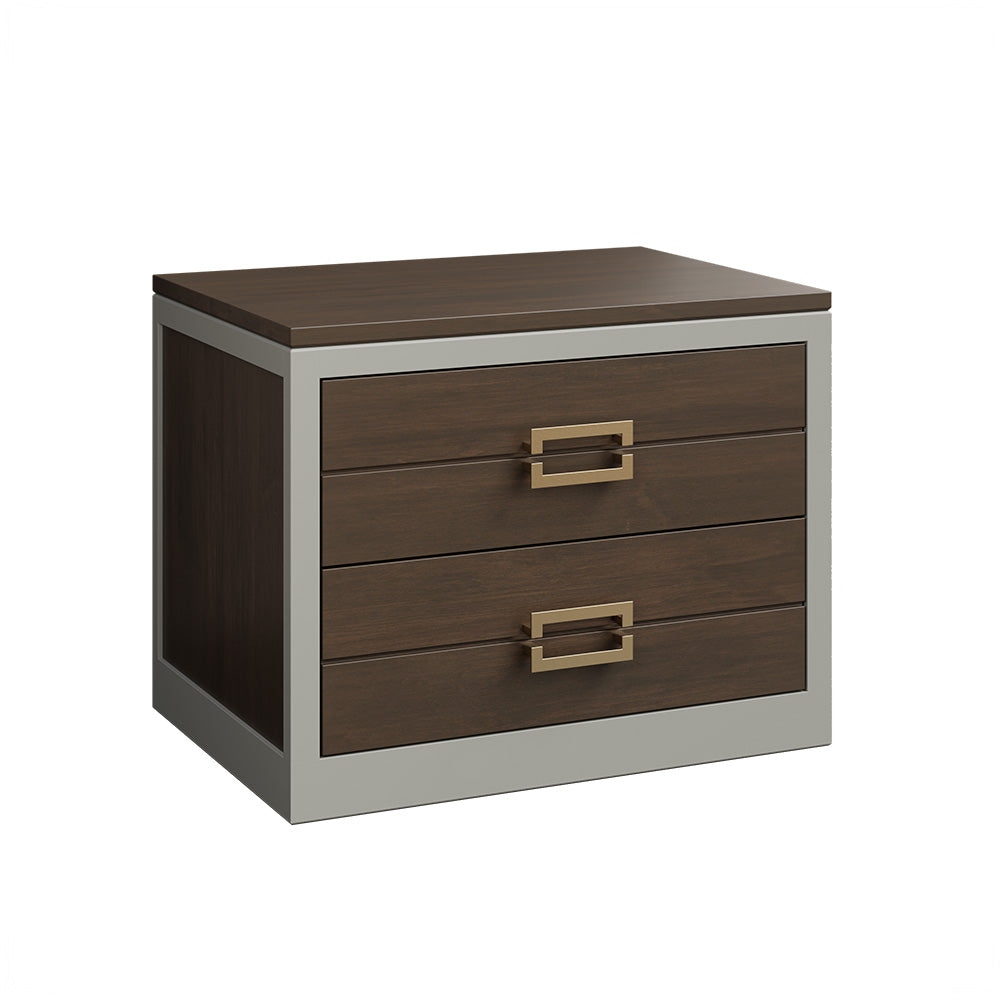 Two-drawer nightstand with wooden top and frame, metal handles on a white background