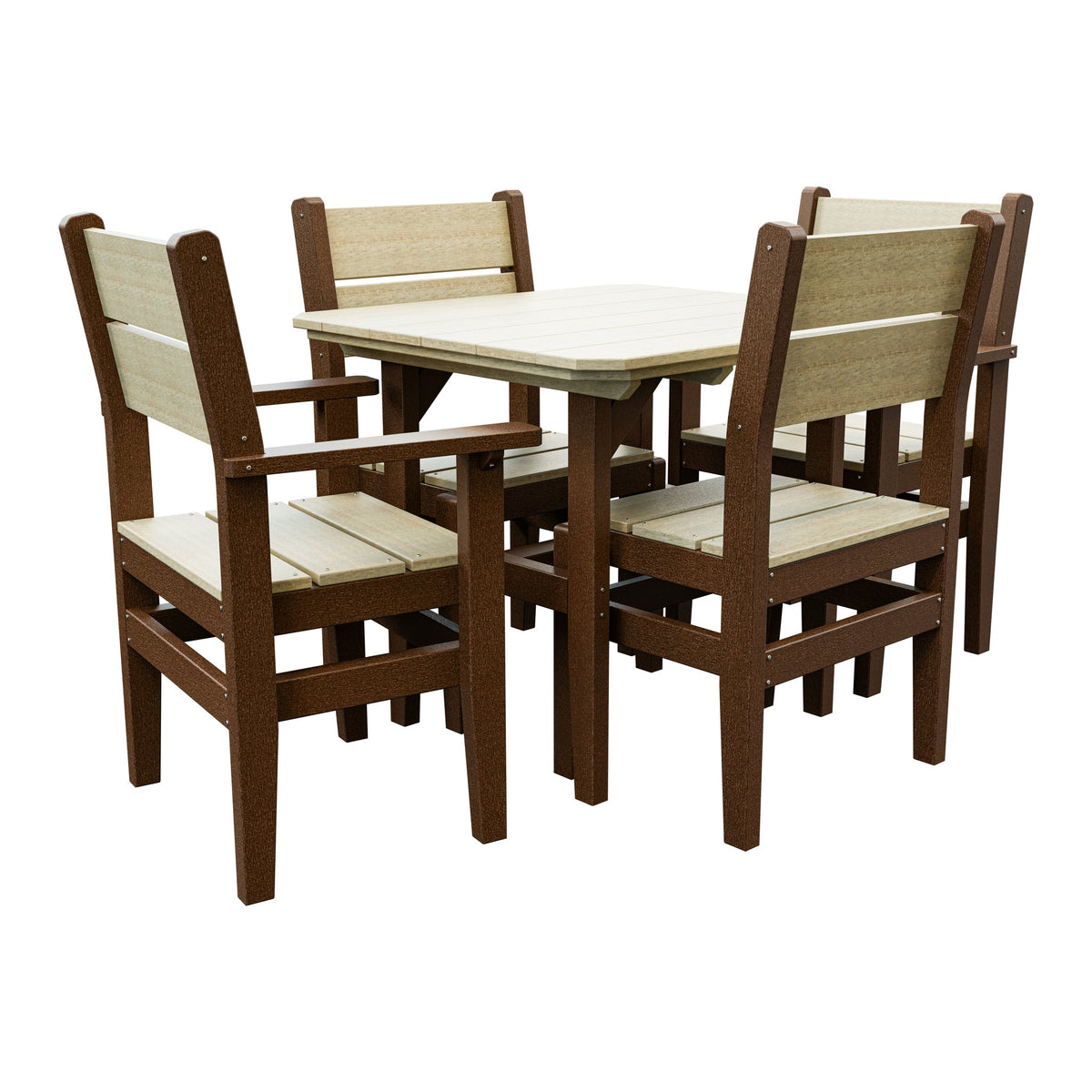 Amish Everyday Value 5-Piece Patio Dining Set: Table, 2 Armchairs & 2 Side Chairs in Birchwood & Tudor Brown