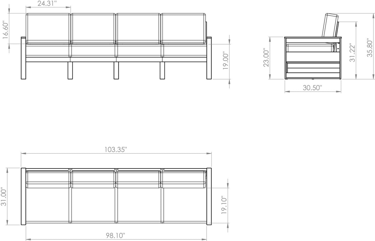 Dimension diagram of the long poly sofa: 103.35 inches wide, 30.5 inch depth, 19 inch seat height