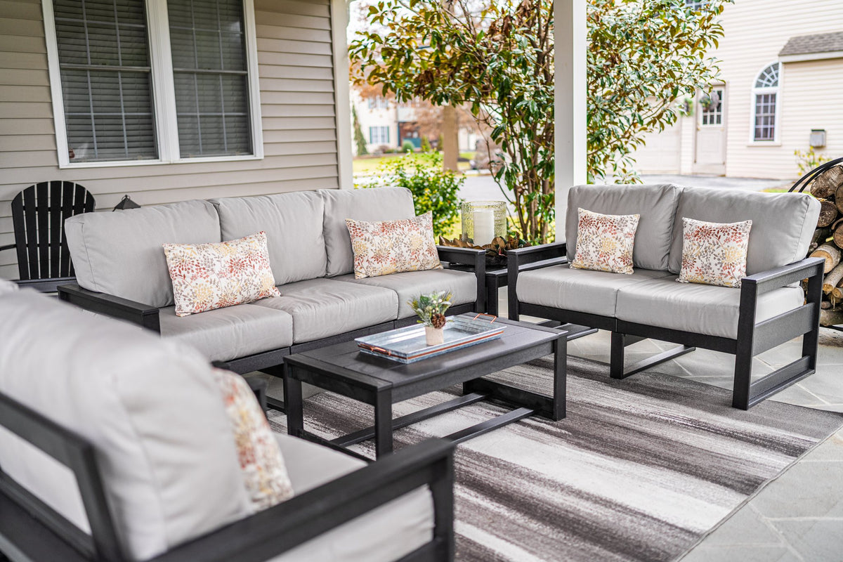 Amish Poly Midcentury Modern 6-Piece Patio Sofa Set: Sofa, 2 Chairs & 3 Tables lifestyle photo