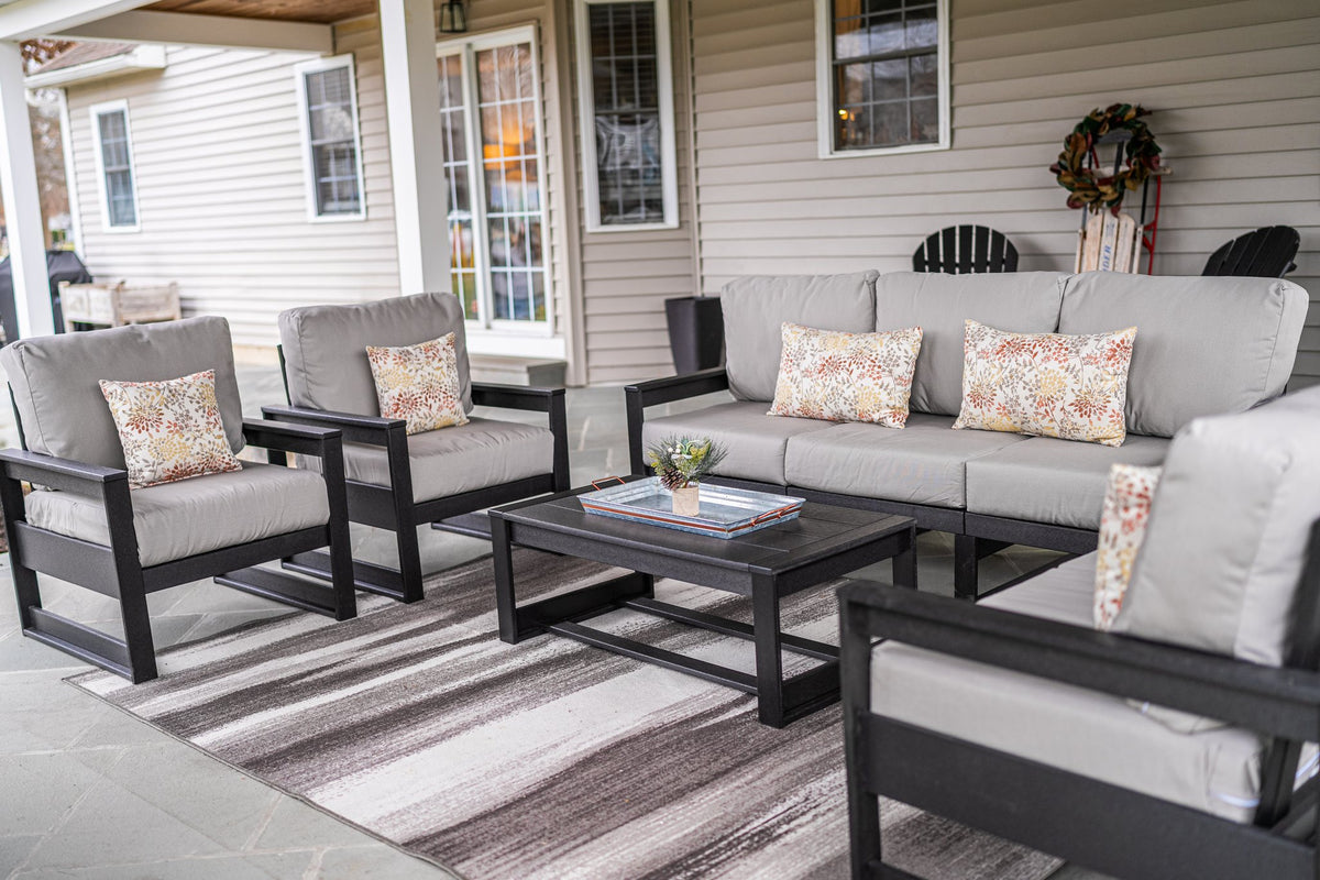 Amish Poly Midcentury Modern 6-Piece Patio Sofa Set: Sofa, 2 Chairs & 3 Tables lifestyle photo
