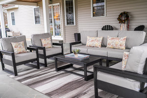 Amish Poly Midcentury Modern 6-Piece Patio Sofa Set: Sofa, 2 Chairs & 3 Tables lifestyle photo