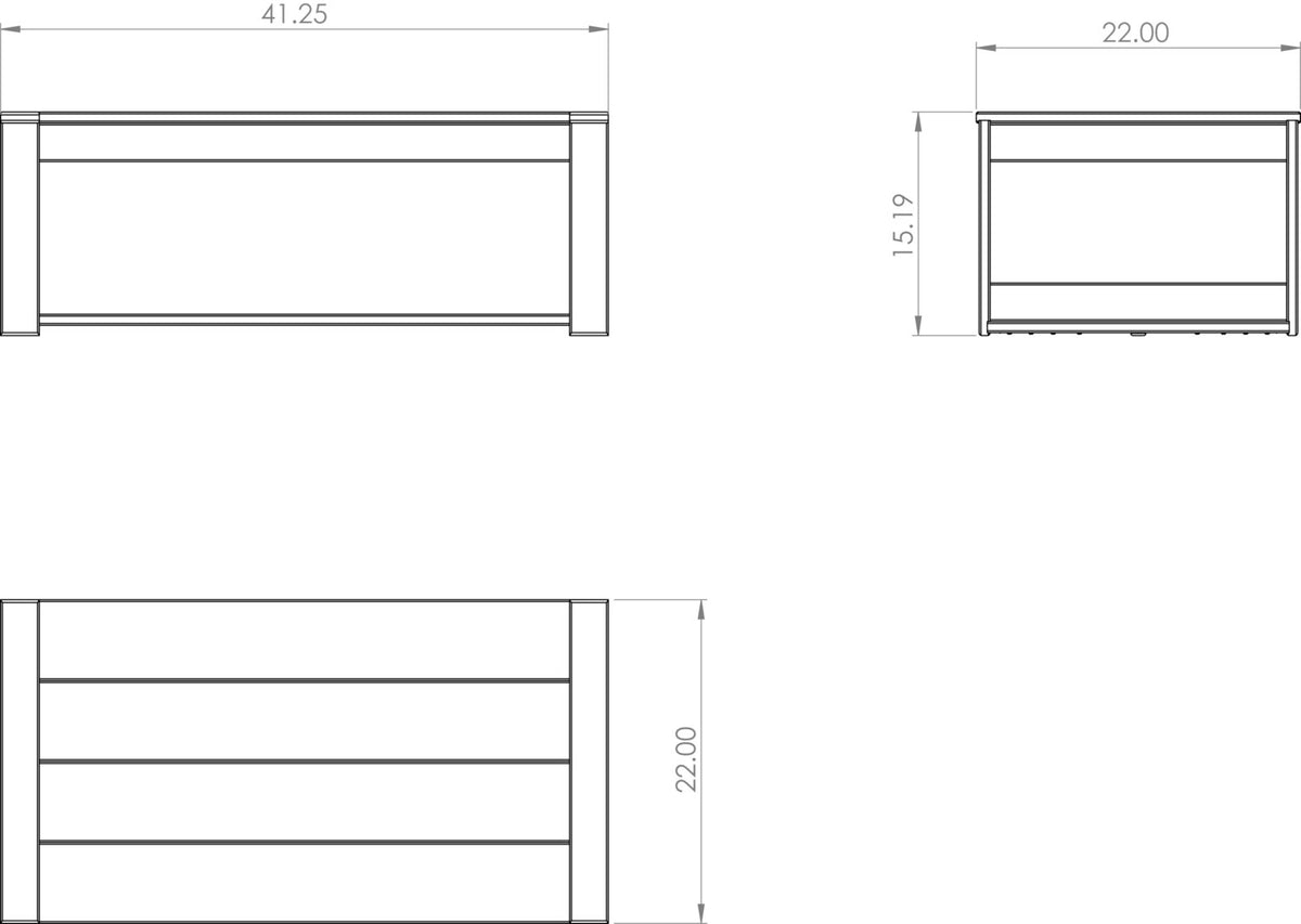 Dimension diagram of the poly coffee table: 41.25 inches wide, 22 inches deep, 15.19 inches tall
