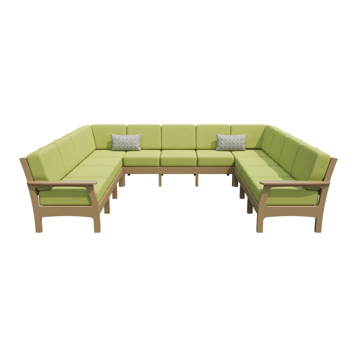 Amish VaraMora 11-Seat U-Shaped Sectional with Cushions in Weathered Wood / Sparkle Pesto