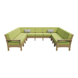 Amish VaraMora 11-Seat U-Shaped Sectional with Cushions in Weathered Wood / Sparkle Pesto