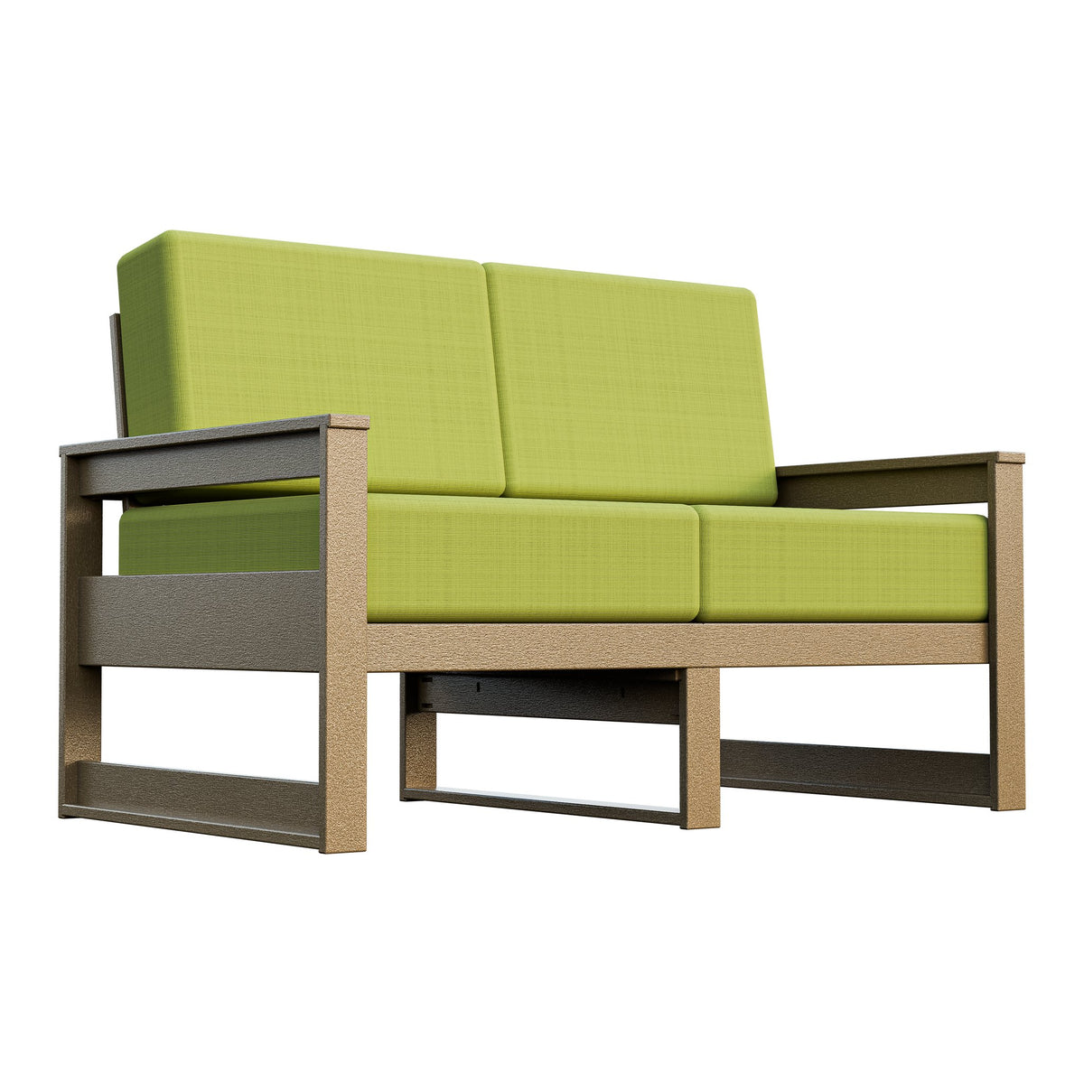 Amish Poly Midcentury Modern Patio Loveseat in Weathered Wood / Sparkle Pesto
