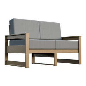 Amish Poly Midcentury Modern Patio Loveseat in Weathered Wood / Storm Smoke