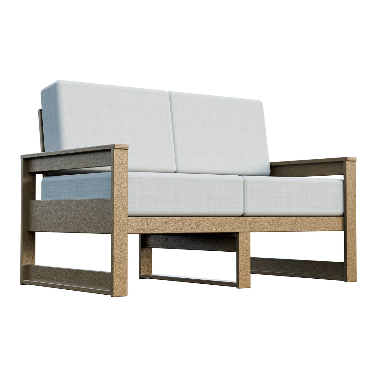 Amish Poly Midcentury Modern Patio Loveseat in Weathered Wood / Storm Snow