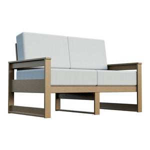 Amish Poly Midcentury Modern Patio Loveseat in Weathered Wood / Storm Snow