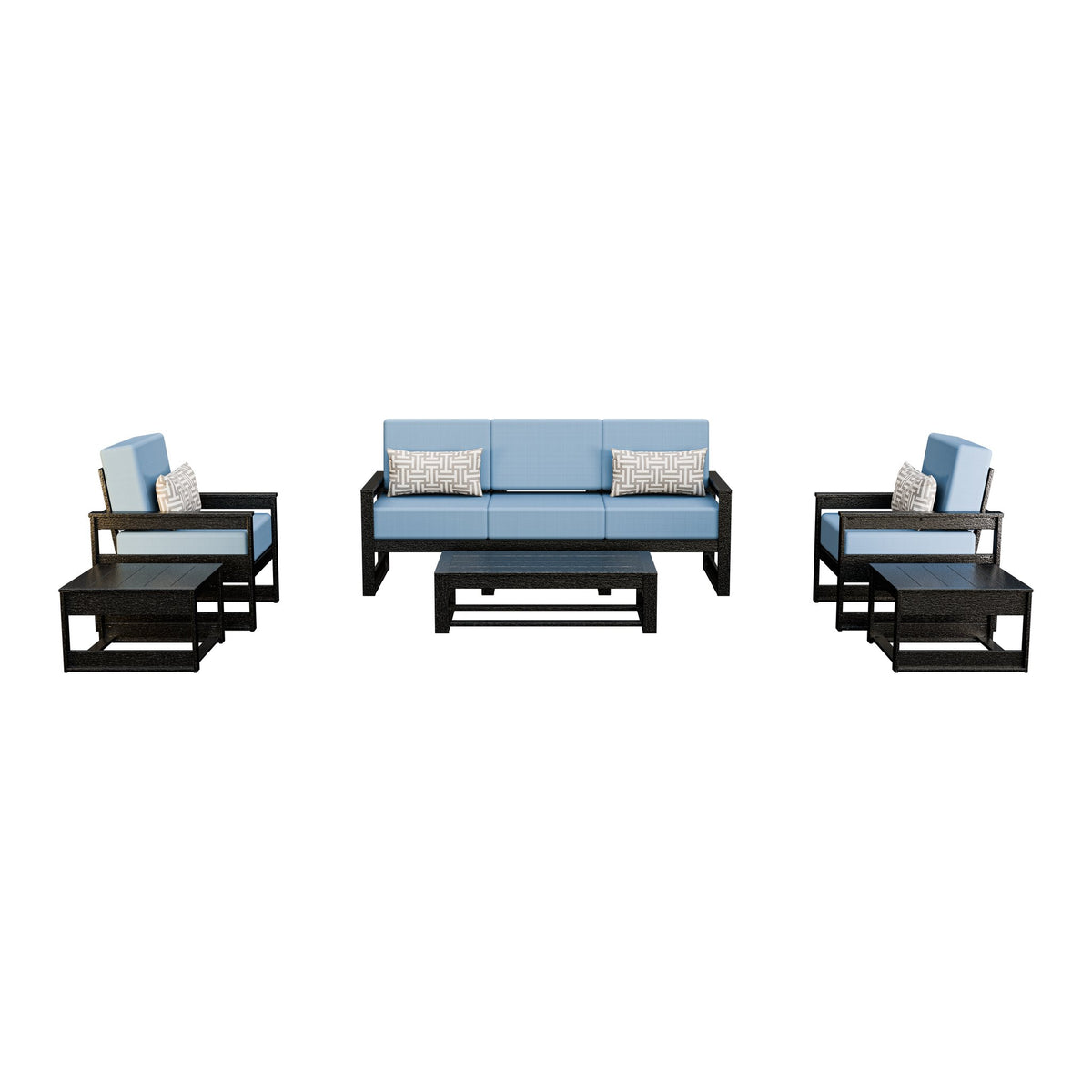 Amish Poly Midcentury Modern 6-Piece Patio Sofa Set: Sofa, 2 Chairs & 3 Tables in Black / Sparkle Nautical