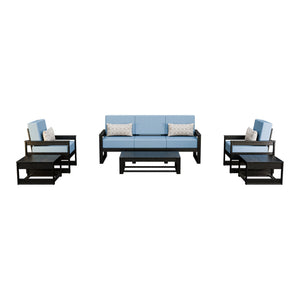 Amish Poly Midcentury Modern 6-Piece Patio Sofa Set: Sofa, 2 Chairs & 3 Tables in Black / Sparkle Nautical