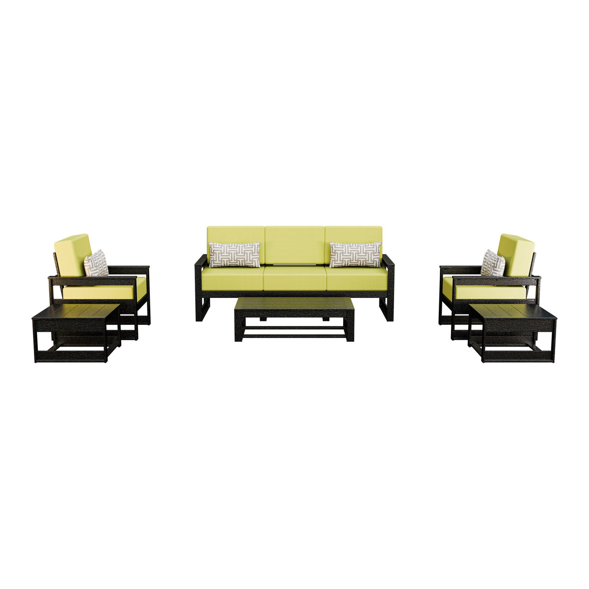 Amish Poly Midcentury Modern 6-Piece Patio Sofa Set: Sofa, 2 Chairs & 3 Tables in Black / Sparkle Pesto