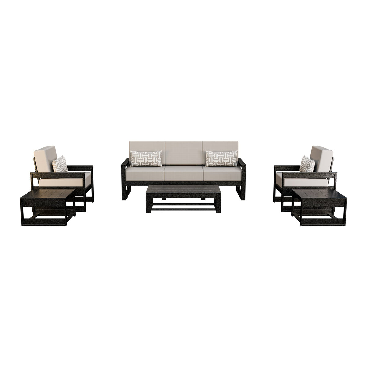 Amish Poly Midcentury Modern 6-Piece Patio Sofa Set: Sofa, 2 Chairs & 3 Tables in Black / Storm Smoke