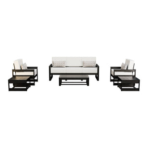 Amish Poly Midcentury Modern 6-Piece Patio Sofa Set: Sofa, 2 Chairs & 3 Tables in Black / Storm Snow