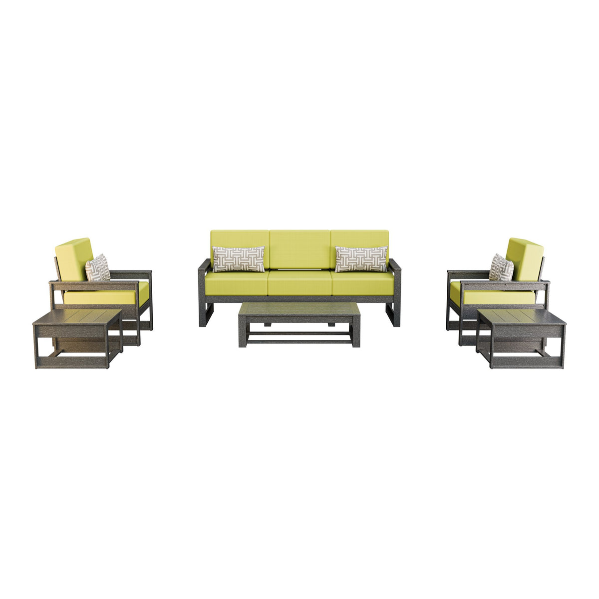 Amish Poly Midcentury Modern 6-Piece Patio Sofa Set: Sofa, 2 Chairs & 3 Tables in Gray / Sparkle Pesto
