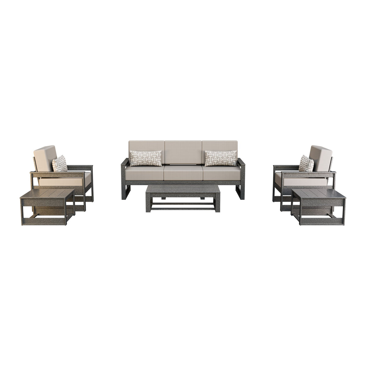 Amish Poly Midcentury Modern 6-Piece Patio Sofa Set: Sofa, 2 Chairs & 3 Tables in Gray / Storm Smoke