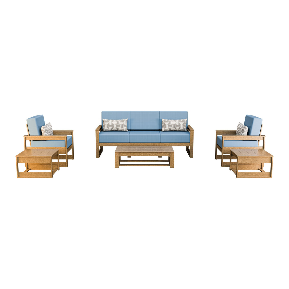 Amish Poly Midcentury Modern 6-Piece Patio Sofa Set: Sofa, 2 Chairs & 3 Tables in Weathered Wood / Sparkle Nautical