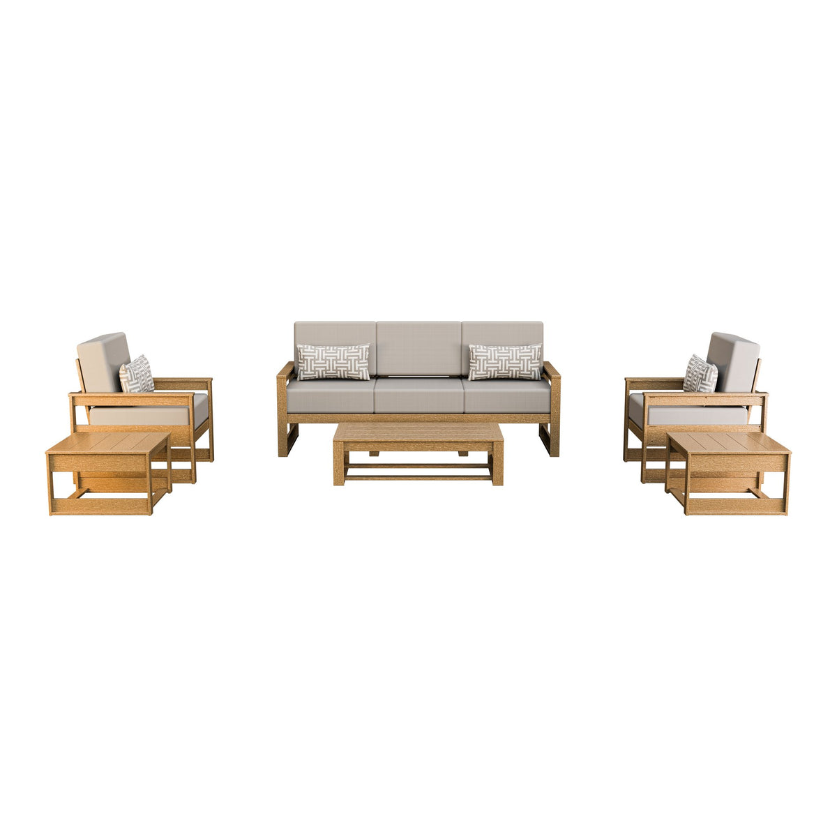 Amish Poly Midcentury Modern 6-Piece Patio Sofa Set: Sofa, 2 Chairs & 3 Tables in Weathered Wood / Storm Smoke