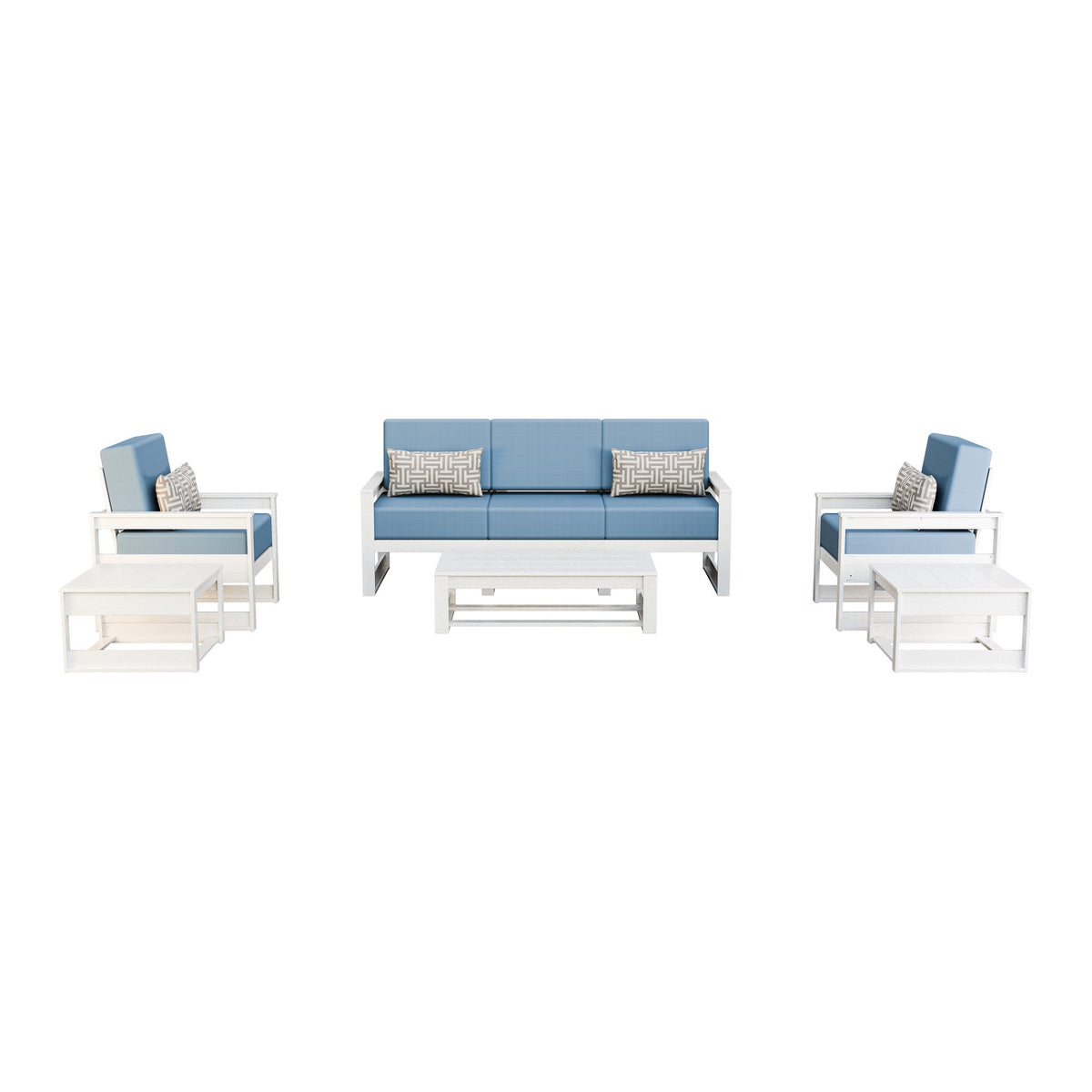 Amish Poly Midcentury Modern 6-Piece Patio Sofa Set: Sofa, 2 Chairs & 3 Tables in Bright White / Sparkle Nautical