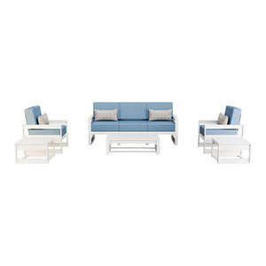 Amish Poly Midcentury Modern 6-Piece Patio Sofa Set: Sofa, 2 Chairs & 3 Tables in Bright White / Sparkle Nautical