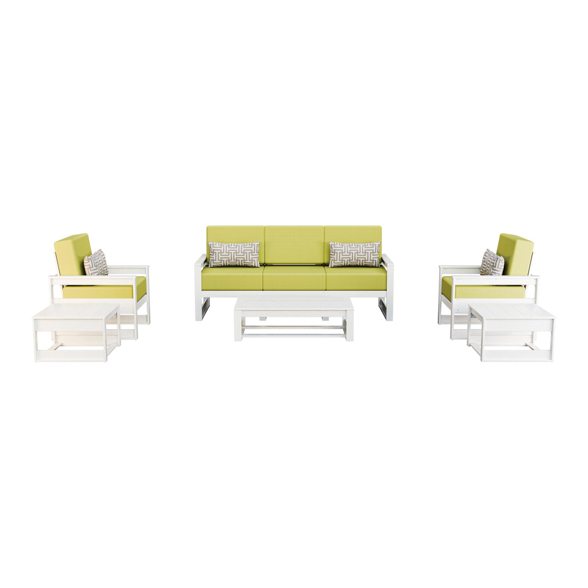 Amish Poly Midcentury Modern 6-Piece Patio Sofa Set: Sofa, 2 Chairs & 3 Tables in Bright White / Sparkle Pesto