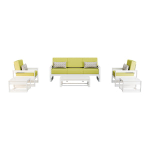 Amish Poly Midcentury Modern 6-Piece Patio Sofa Set: Sofa, 2 Chairs & 3 Tables in Bright White / Sparkle Pesto