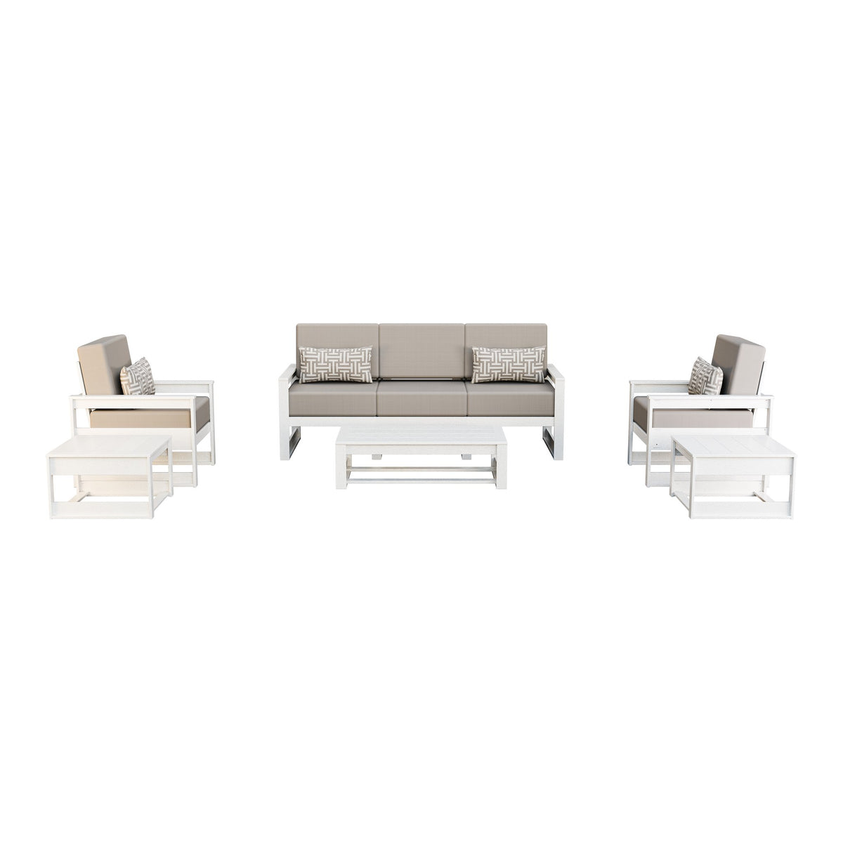 Amish Poly Midcentury Modern 6-Piece Patio Sofa Set: Sofa, 2 Chairs & 3 Tables in Bright White / Storm Smoke
