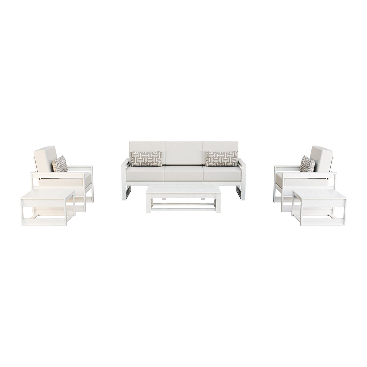 Amish Poly Midcentury Modern 6-Piece Patio Sofa Set: Sofa, 2 Chairs & 3 Tables in Bright White / Storm Snow