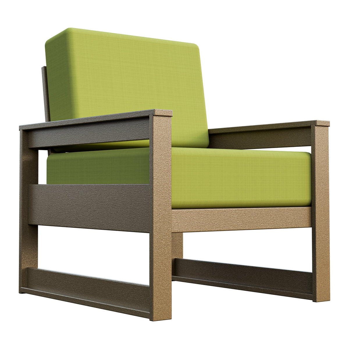 Amish Poly Midcentury Modern Patio Cushion Chair in Weathered Wood / Sparkle Pesto