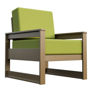 Amish Poly Midcentury Modern Patio Cushion Chair in Weathered Wood / Sparkle Pesto