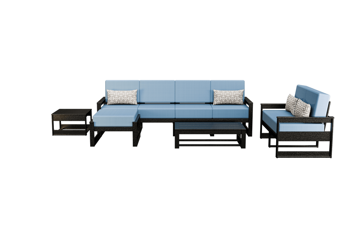Black poly patio set with light blue cushions: five-seat sofa, loveseat, ottoman and two tables