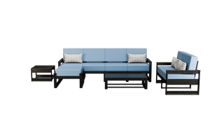 Black poly patio set with light blue cushions: five-seat sofa, loveseat, ottoman and two tables