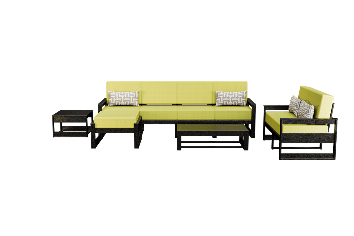 Black poly patio group with chartreuse cushions, long sofa, loveseat, ottoman, coffee and side tables