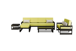 Black poly patio group with chartreuse cushions, long sofa, loveseat, ottoman, coffee and side tables