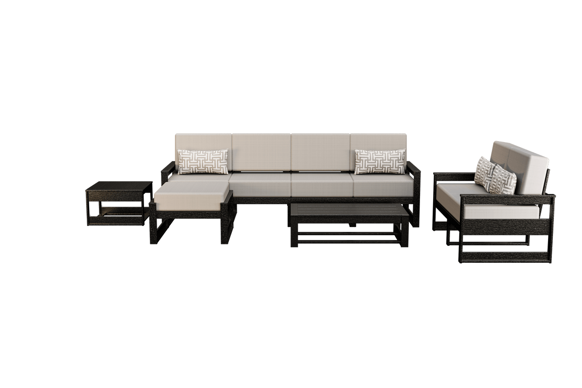 Black poly patio set with beige cushions including a five-seat sofa, loveseat, ottoman and tables