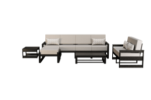 Black poly patio set with beige cushions including a five-seat sofa, loveseat, ottoman and tables