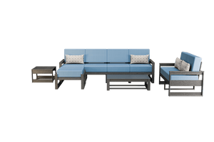 Gray poly patio set with blue cushions: five-seat sofa, loveseat, ottoman, coffee table and side table