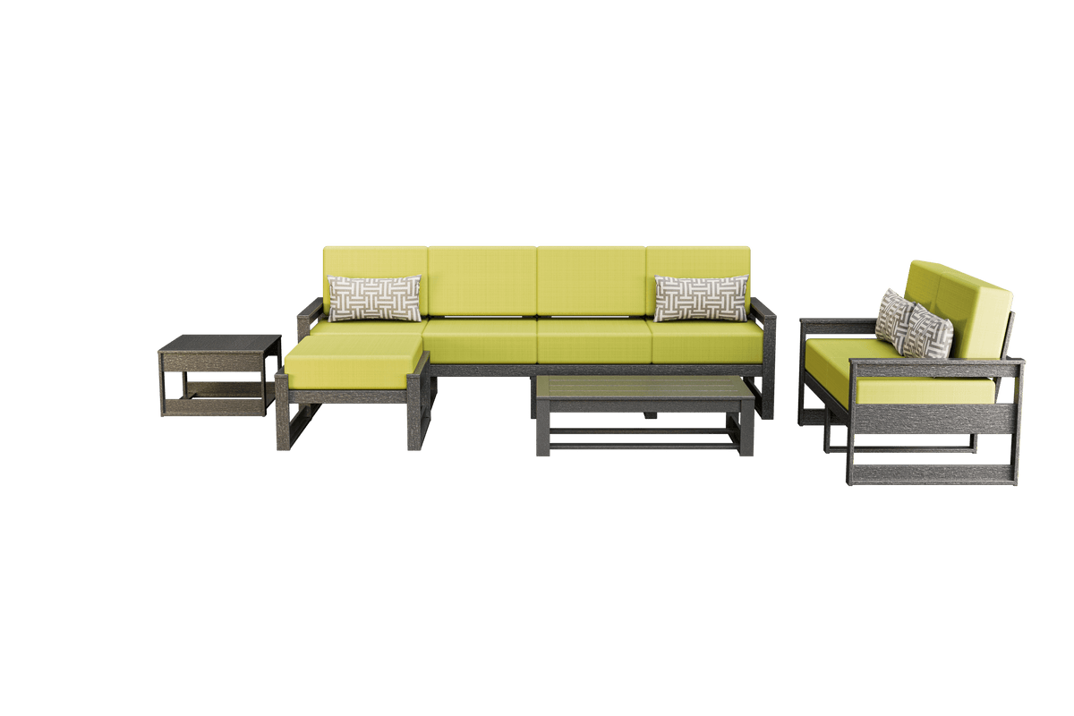 Gray frame poly set with yellow-green cushions, long sofa, loveseat, ottoman and two poly tables