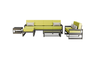 Gray frame poly set with yellow-green cushions, long sofa, loveseat, ottoman and two poly tables