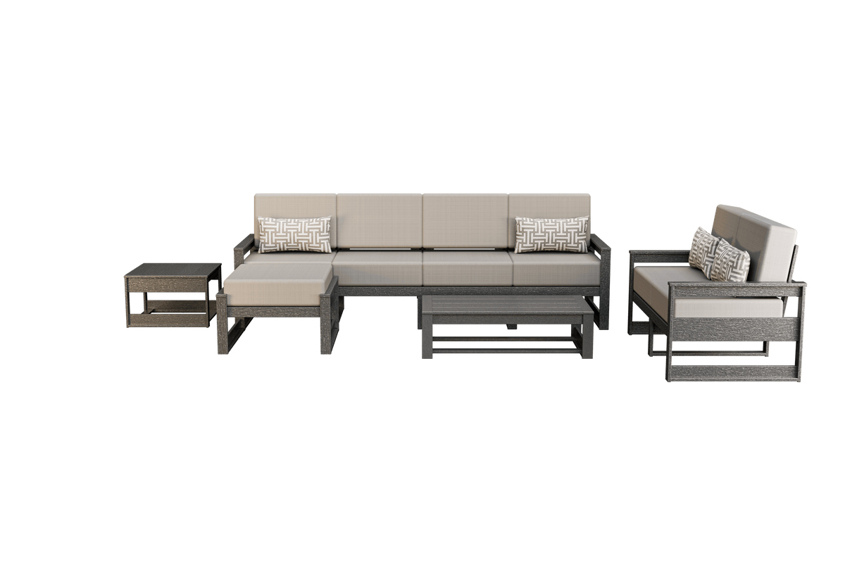 Gray poly patio set with taupe cushions, five-seat sofa, loveseat, ottoman, coffee and side tables