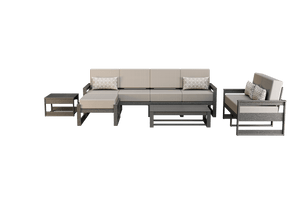Gray poly patio set with taupe cushions, five-seat sofa, loveseat, ottoman, coffee and side tables