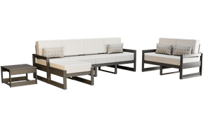 Brown poly patio set with white cushions showing a five-seat sofa, loveseat, ottoman and side table