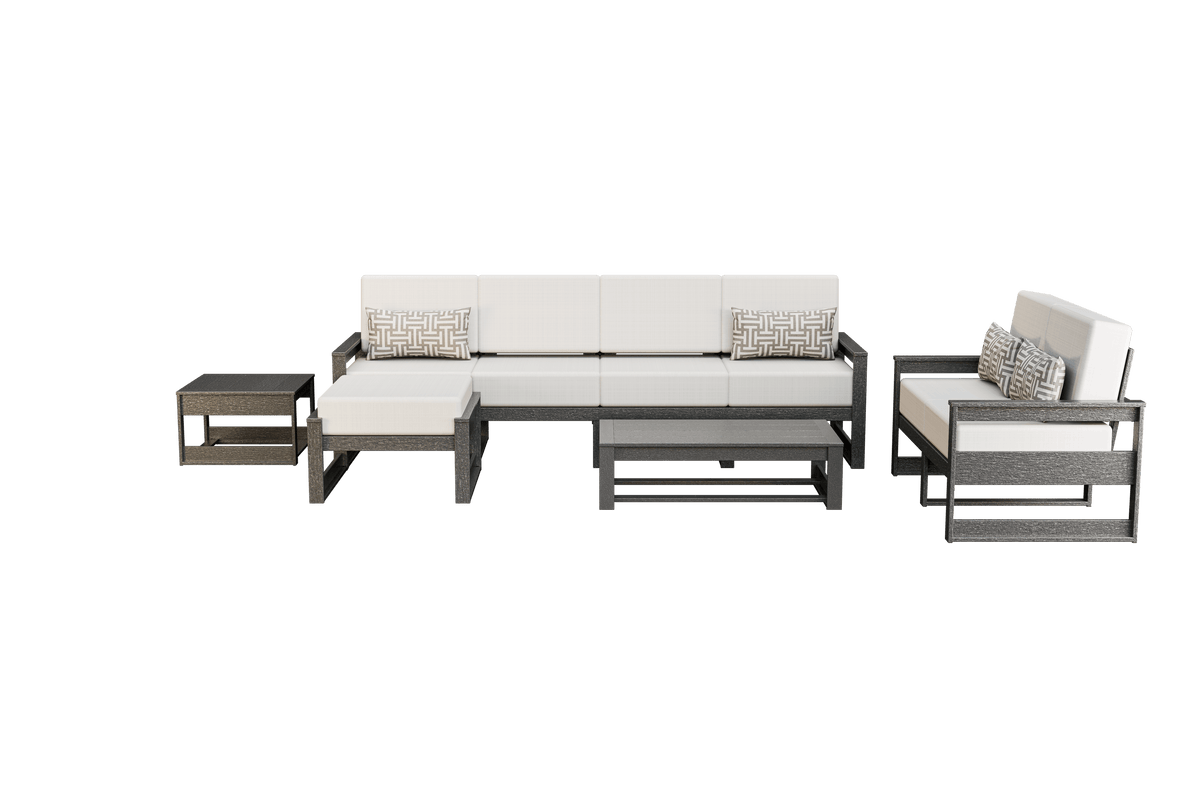 Gray poly patio group with white cushions: five-seat sofa, loveseat, ottoman and two low tables