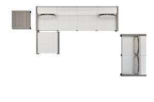 Overhead layout of the poly patio set with a long sofa, loveseat, ottoman and square side table